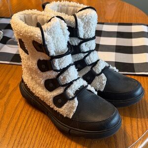 Sorel Black and Cream Fleece Ankle Booties